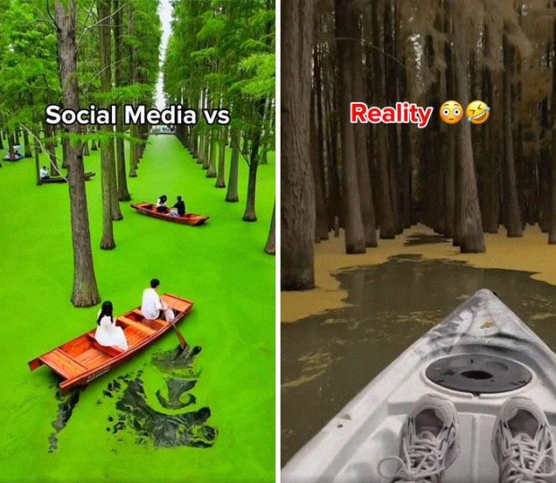 A collage of a boat and a couple of people in a swamp

Description automatically generated